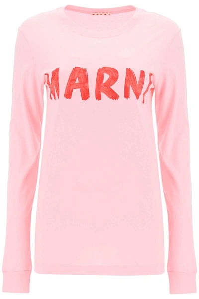 Shop Marni Brushed Logo Long-sleeved T-shirt In Pink
