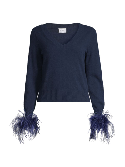 Shop Milly Women's V-neck Feather-cuff Sweater In Navy