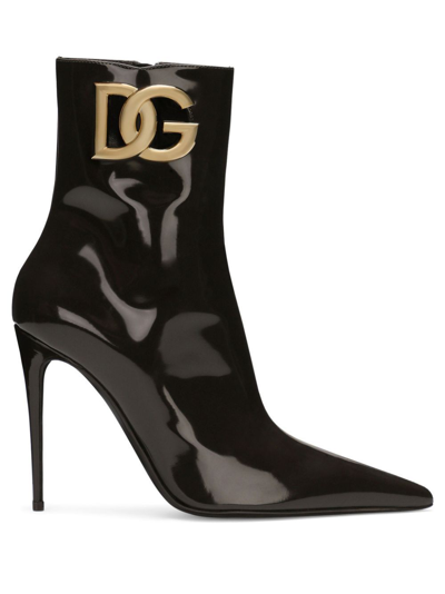 Shop Dolce & Gabbana Lollo 105mm Logo-plaque Leather Boots - Women's - Goat Skin/calf Leather/patent Leather In Brown