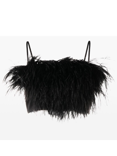 Sleeper Boheme Feather Trimmed Satin Top In Black