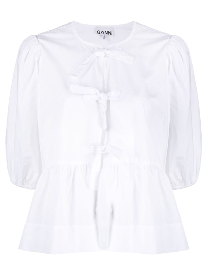 Shop Ganni White Puff-sleeve Organic-cotton Top