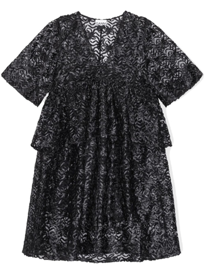 Shop Ganni Black Floral-lace Midi Dress