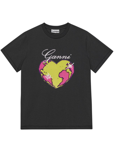 Shop Ganni Grey Heart-print Organic-cotton T-shirt In Black