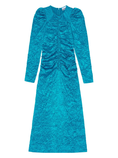 Shop Ganni Blue Ruched Midi Dress