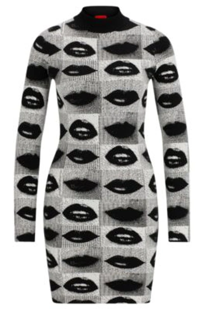 Shop Hugo Mock-neck Tube Dress With Lips Jacquard In Patterned