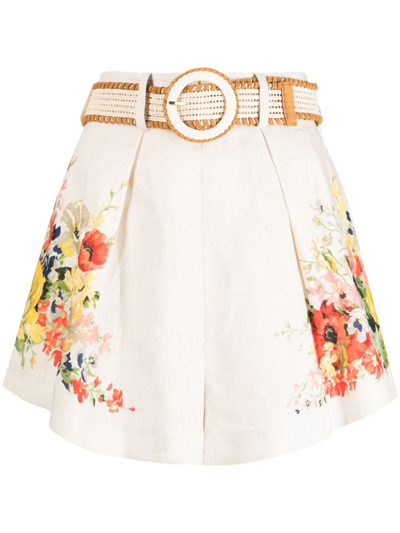 Shop Zimmermann White Alight Floral-print Linen Shorts In Multicolour