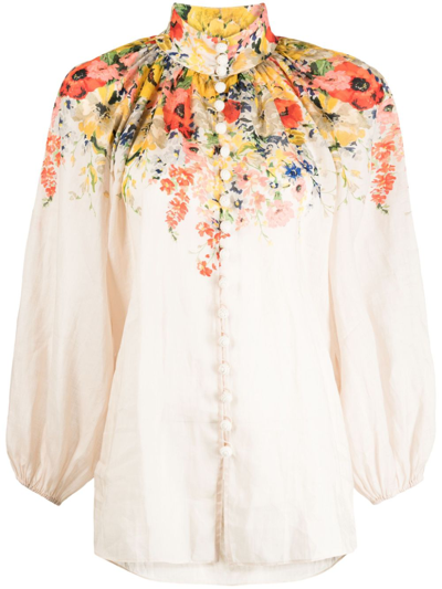 Shop Zimmermann White Alight Floral-print Ramie Blouse In Multicolour