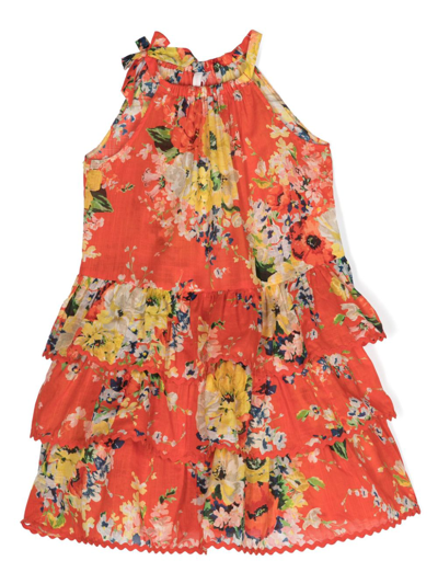 Zimmermann Teen Girls Red Tiered Floral Dress In Red