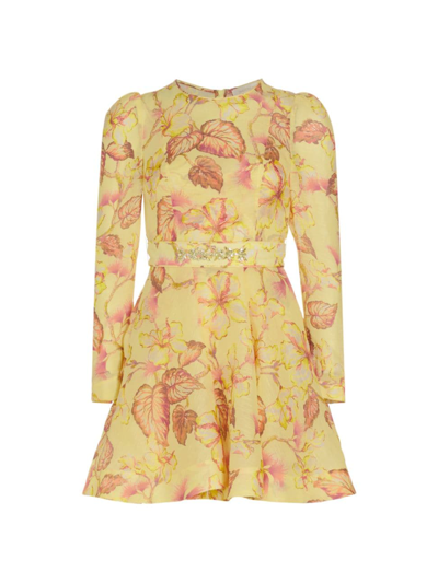 Shop Zimmermann Women's Matchmaker Silk-linen Floral Minidress In Yellow Hibiscus