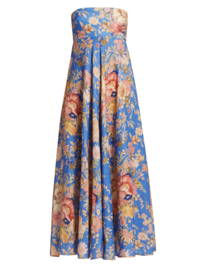 Shop Zimmermann Women's August Strapless Linen Maxi Dress In Dusty Blue Floral