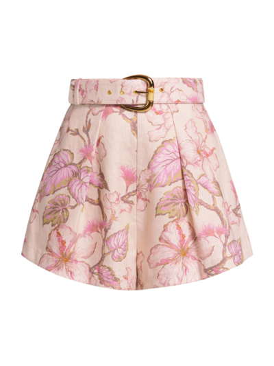 Shop Zimmermann Women's Matchmaker Tuck Floral Linen Shorts In Coral Hibiscus