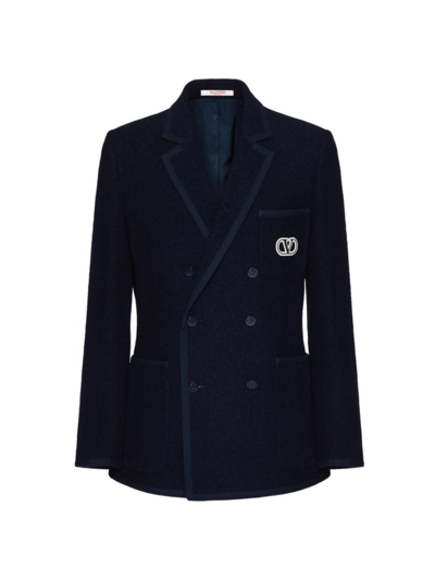 Shop Valentino Men's Double-breasted Bouclé Wool Jacket With Vlogo Signature Embroidery In Navy