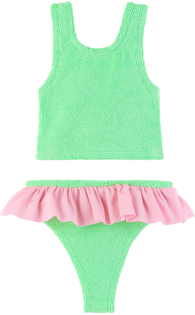 Shop Hunza G Kids Green Duo Olive Bikini In Lime/bubblegum