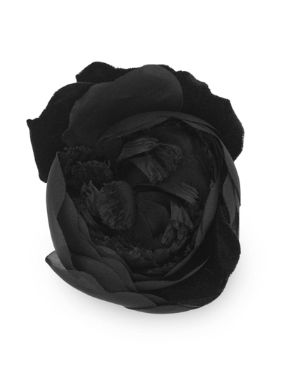 Shop Saint Laurent Women's Small Wild Rose Brooch In Crushed Velvet And Metal In Black