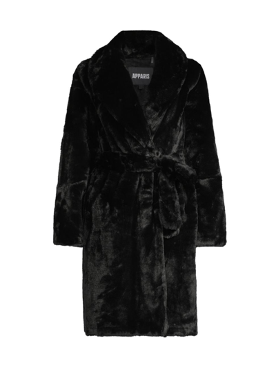 Shop Apparis Women's Bree Belted Faux Fur Wrap Coat In Noir