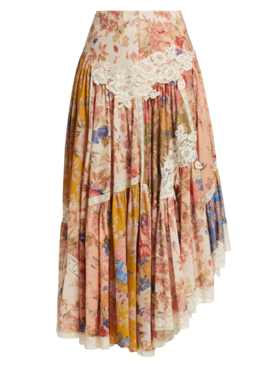Shop Zimmermann Women's August Asymmetric Floral Cotton Maxi Skirt In Spliced
