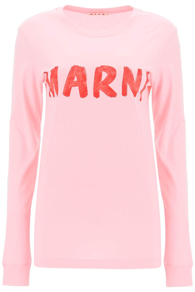 Shop Marni Brushed Logo Long-sleeved T-shirt In Pink