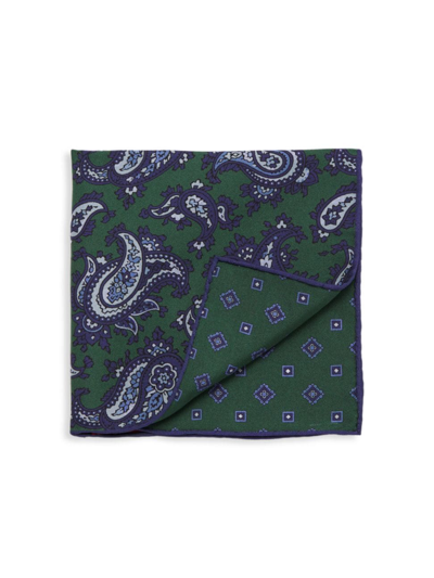 Shop Isaia Men's Paisley Wool Pocket Square In Green And Blue