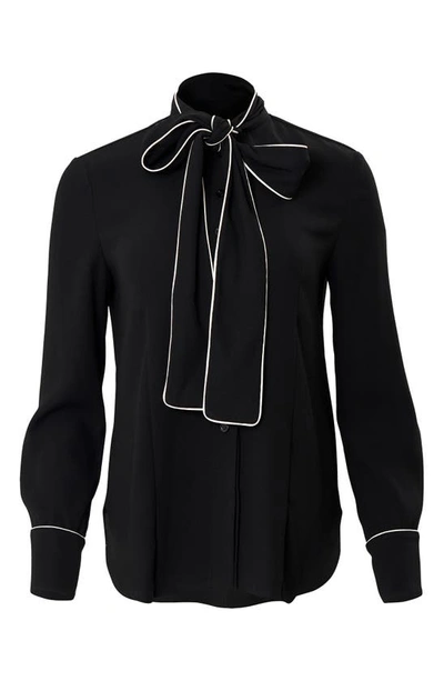 Shop Carolina Herrera Contrast Piping Pussy Bow Button-up Shirt In Black/ Pearl