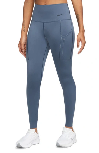 Shop Nike Go Therma-fit High Waist Ankle Pocket Leggings In Diffused Blue/ Black