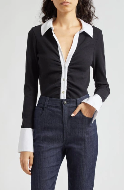 Shop Cinq À Sept Lola Ribbed Button-up Top In Black/ White
