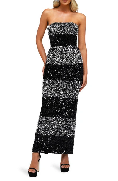 Shop Helsi Caroline Colorblock Strapless Sequin Gown In Black/ Silver