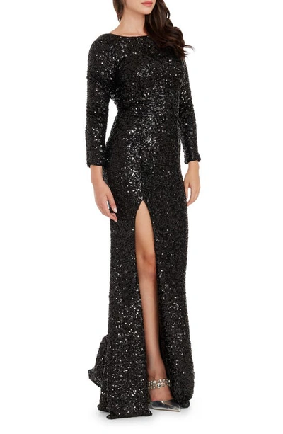 Dress The Population Janette Sequin Long Sleeve Mermaid Gown In Jet Black