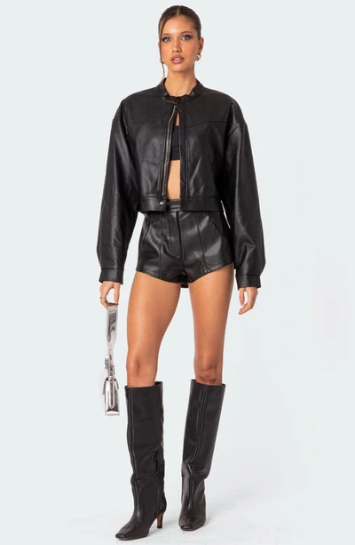 Shop Edikted Ramona Crop Faux Leather Jacket In Black
