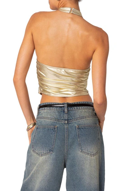 Shop Edikted Karter Metallic Halter Neck Crop Top In Gold