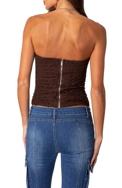 Shop Edikted Lionna Ruffle Strapless Corset Top In Brown