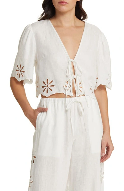 Shop Rails Pari Eyelet Tie Front Linen Crop Top In White Eyelet