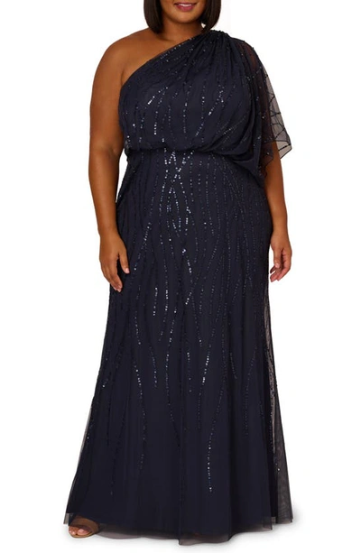 Shop Adrianna Papell Beaded One-shoulder Gown In Dusty Navy