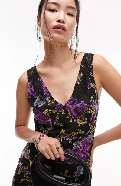 Shop Topshop Floral Lace & Devoré Midi Dress In Black Multi
