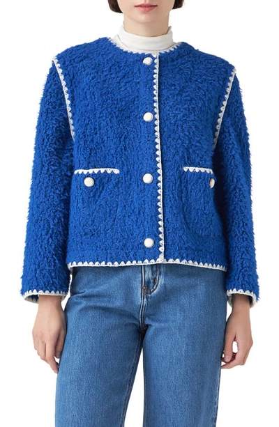 Shop English Factory Premium Contrast Trim Faux Shearling Jacket In Blue/ White