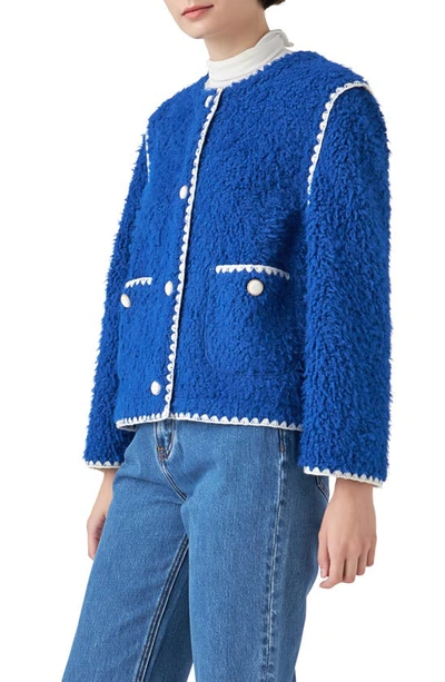 Shop English Factory Premium Contrast Trim Faux Shearling Jacket In Blue/ White