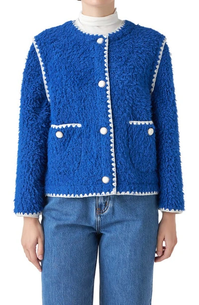 Shop English Factory Premium Contrast Trim Faux Shearling Jacket In Blue/ White