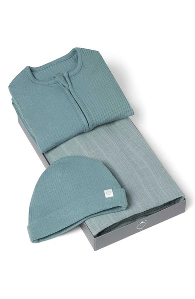 Shop Mori Take Me Home Footie, Hat & Blanket Set In Ribbed Blue