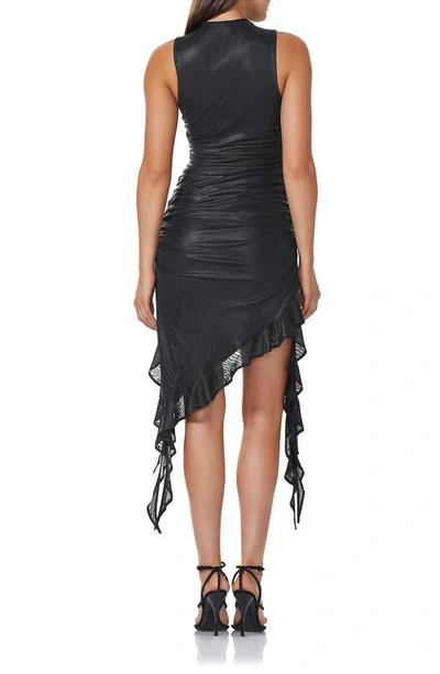 Shop Afrm Raff Metallic Foil Ruched Asymmetric Sleeveless Dress In Metallic Noir