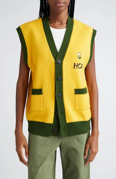 Shop House Of Aama Maroon Day Camp Embroidered Wool Sweater Vest In Yellow/ Green