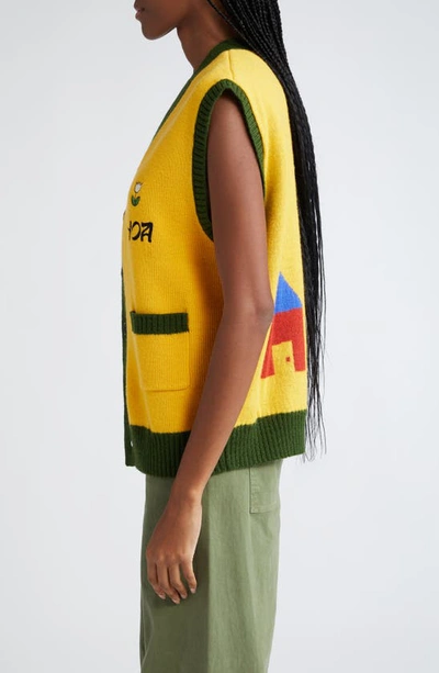 Shop House Of Aama Maroon Day Camp Embroidered Wool Sweater Vest In Yellow/ Green