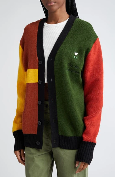 Shop House Of Aama Anansi Spider Colorblock Wool Cardigan In Red/ Green/ Black