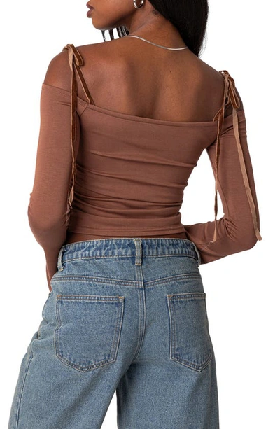 Shop Edikted Velvet Tie Off The Shoulder Top In Brown