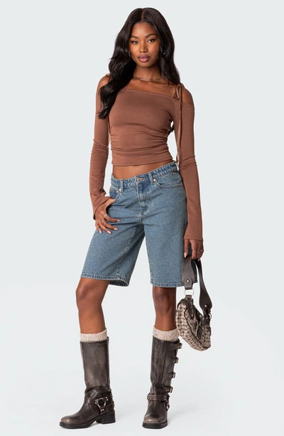 Edikted Women's Velvet Tie Off Shoulder Top In Brown