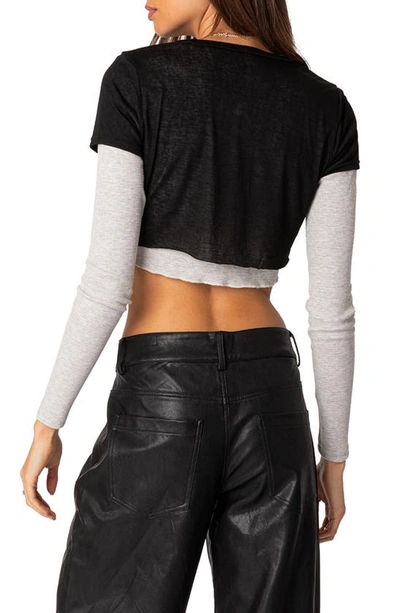 Shop Edikted Crop Layered T-shirt In Black-and-gray