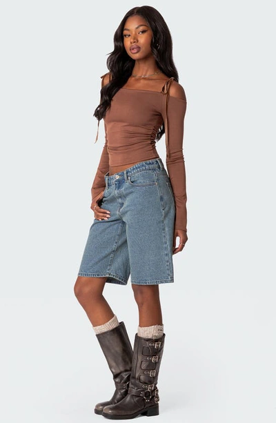 Edikted Women's Velvet Tie Off Shoulder Top In Brown