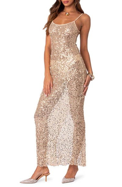 Shop Edikted Sheer Mesh Sequin Maxi Dress In Gold