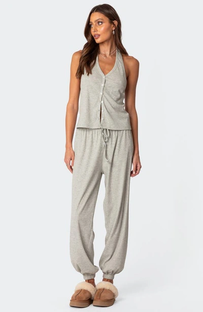 Shop Edikted Rosanna Halter Neck Rib Pajama Top In Gray-melange