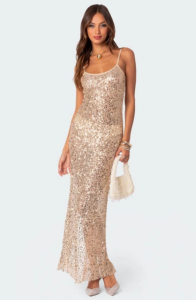 Shop Edikted Sheer Mesh Sequin Maxi Dress In Gold