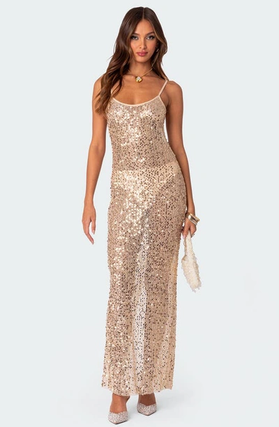 Shop Edikted Sheer Mesh Sequin Maxi Dress In Gold