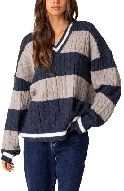 Shop Edikted Romie Cable Knit V-neck Sweater In Navy